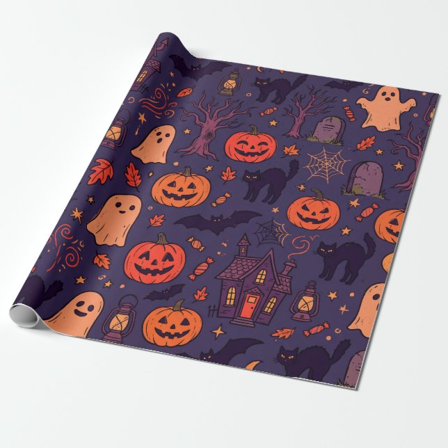 Vintage Halloween-pumpor Spöken & Svarta Katter Presentpapper (Utrullad)