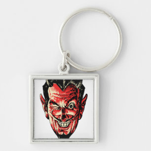 Vintage Halloween Red Djävulen Head Fyrkantig Silverfärgad Nyckelring