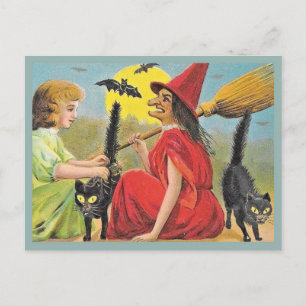 Vintage Halloween Red Witch med Fladdermöss & Svar Vykort