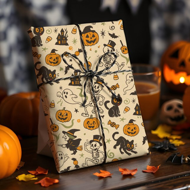 Vintage Halloween Retro Skeleton Witch Nostalgic Presentpapper (Retro Halloween wrap with vintage skeletons, witches, bats & pumpkins with aged sepia paper texture.)