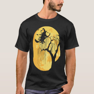 Vintage Halloween Scary Black Cat Witch Hat Måne W T Shirt