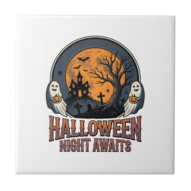 Vintage Halloween-scen Gravyr Måne Spöke Tröja_ Kakelplatta (Framsidan)