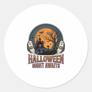 Vintage Halloween-scen Gravyr Måne Spöke Tröja_ Runt Klistermärke