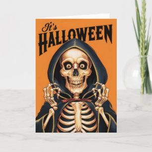 Vintage Halloween skelett med kappa Helgkort