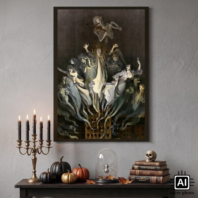Vintage Halloween, skelettfiolaspelare och spöken Poster (The Tenement - A Menace To All, 1901. Vintage illustration with the Grim Reaper and other spirits.)