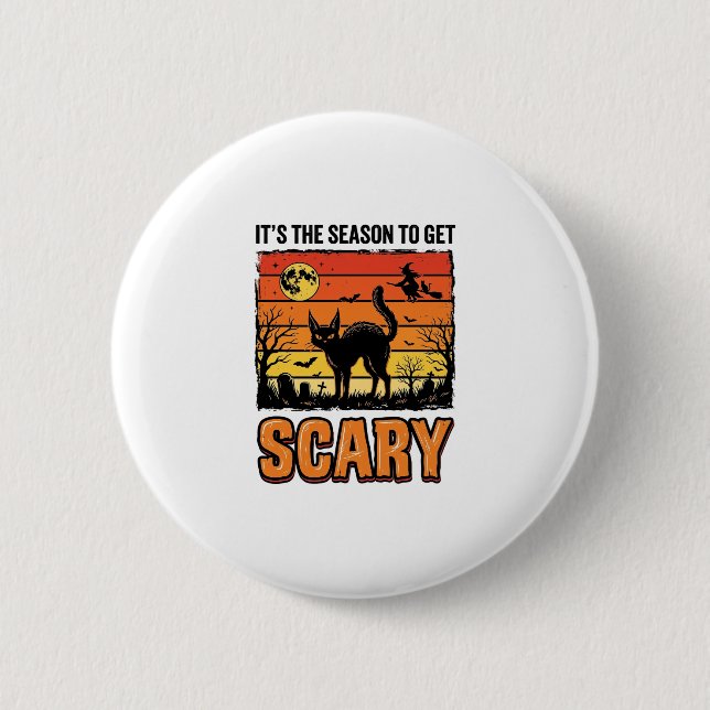 Vintage Halloween Skräckig Katt Häxa Tröja Design_ Knapp (Framsida)
