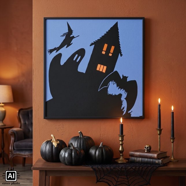 Vintage Halloween, Skräckinjagande spökhus och häx Poster (Vintage illustration Halloween design with a haunted house, ghost, bat and a witch on a broomstick.)