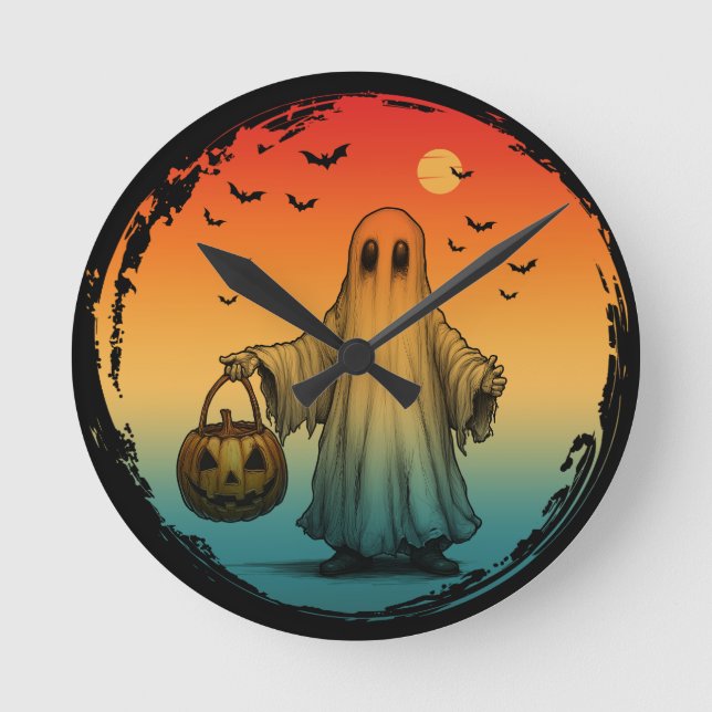 vintage halloween skrämmande spökpumpa fladdermöss rund klocka (Framsida)