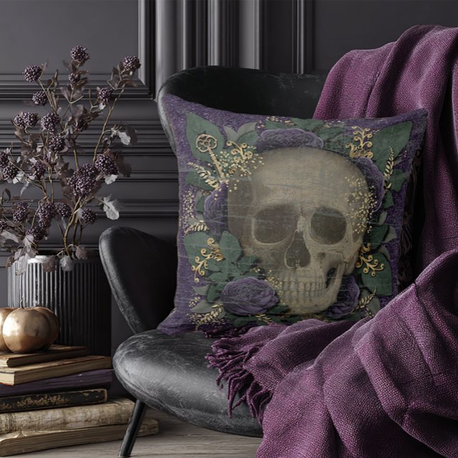 Vintage Halloween Skull Kudde (Purple Floral Skull Pillow)
