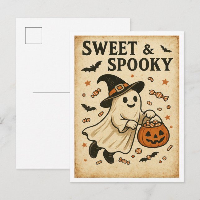 Vintage Halloween Sött & Läskigt Vykort (Fram/baksida)