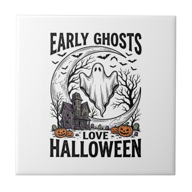 Vintage Halloween-spöke Haunted Moon Gravyr Konst Kakelplatta (Framsidan)
