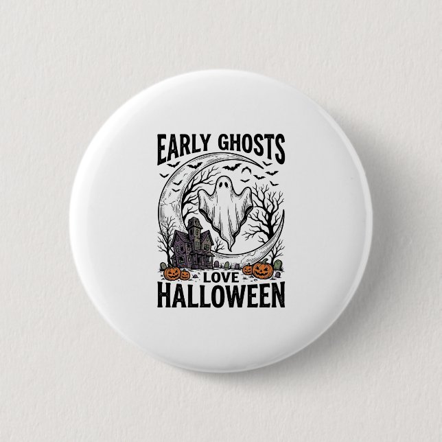 Vintage Halloween-spöke hemsökt måne Gravyr Konst Knapp (Framsida)