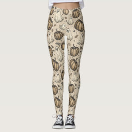 Vintage Halloween-spöke Pumpa Rustik Pergament Leggings