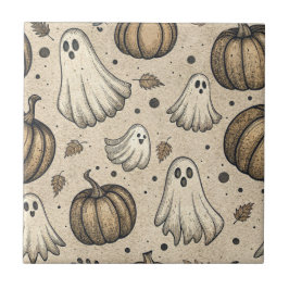 Vintage Halloween-spöke-pumpa rustikt pergament Kakelplatta
