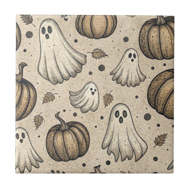 Vintage Halloween-spöke-pumpa rustikt pergament Kakelplatta (Framsidan)