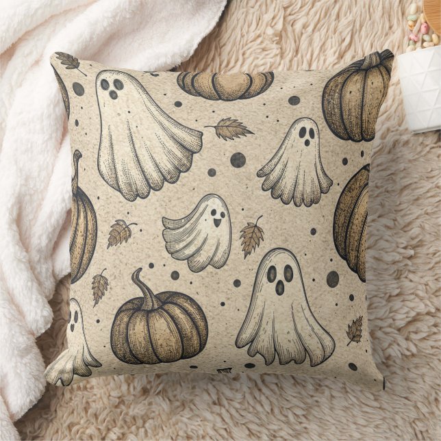 Vintage Halloween-spöke Pumpa Rustikt Pergament Kudde (Filt)