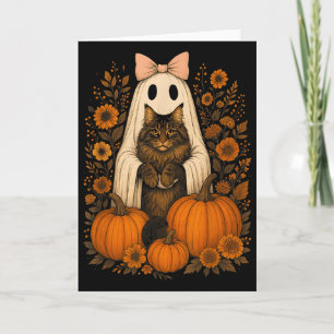 Vintage Halloween-spöke som håller Maine Coon-katt Kort
