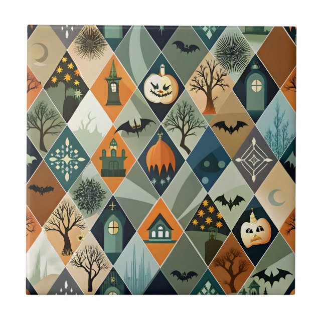 Vintage Halloween spökhus diamantmönster Kakelplatta (Framsidan)
