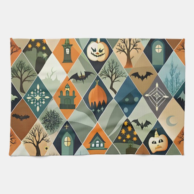 Vintage Halloween spökhus diamantmönster Kökshandduk (Horisontell)