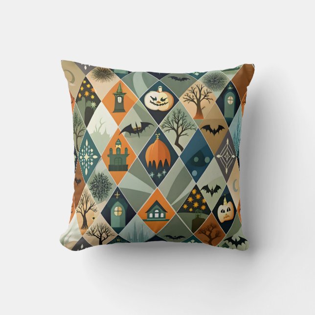 Vintage Halloween spökhus diamantmönster Kudde (Framsida)