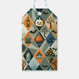 Vintage Halloween spökhus diamantmönster Presentetikett