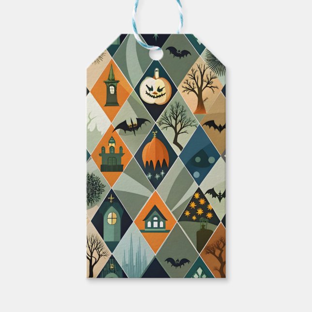Vintage Halloween spökhus diamantmönster Presentetikett (Framsidan)