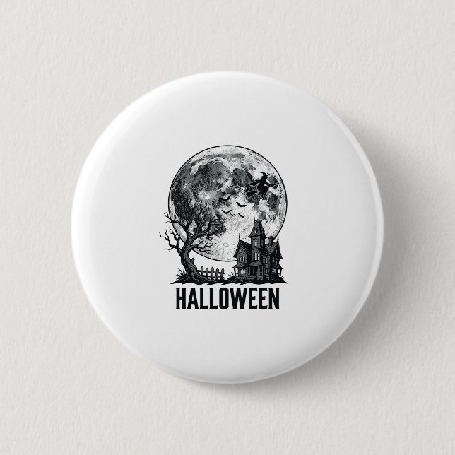 Vintage Halloween Spökhus Måne T-Shirt Design_ Knapp (Framsida)