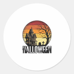 Vintage Halloween Spökhus Solnedgång Vektor Art_ Runt Klistermärke