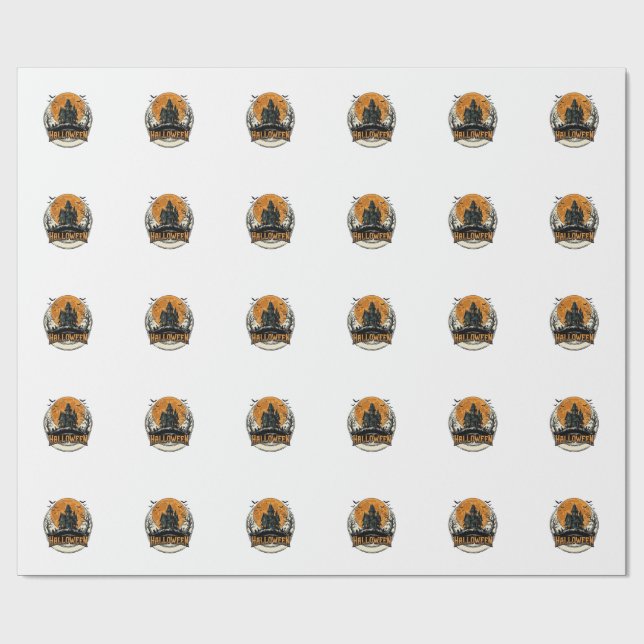 Vintage Halloween-spökhus vektordesign_1 Presentpapper (Platt)
