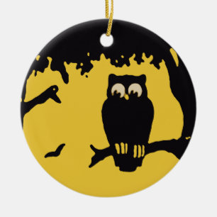 Vintage Halloween, spöklik uggla i träd med måne Julgransprydnad Keramik