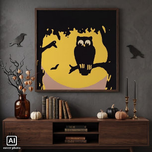 Vintage Halloween, spöklik uggla i träd med måne Poster