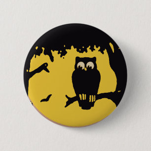 Vintage Halloween, Spooky Uggla i Träd med Måne Knapp