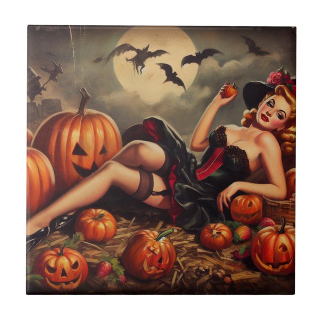 Vintage Halloween-stift upp Kakelplatta (Framsidan)