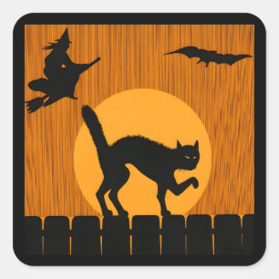 Vintage Halloween Svart Katt, Häxa Månens Silhuett Fyrkantigt Klistermärke