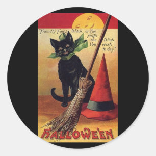 Vintage Halloween svart katt, häxans sopkvast och Runt Klistermärke