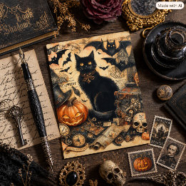 Vintage Halloween Svart Katt Högtid Helg Vykort