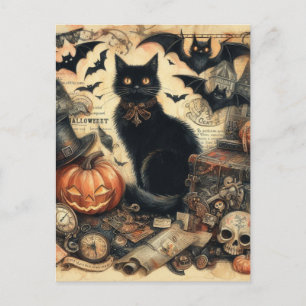 Vintage Halloween Svart Katt Högtid Helg Vykort