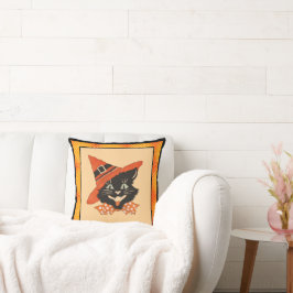 Vintage Halloween-svart katt med Orange-vätt Kudde