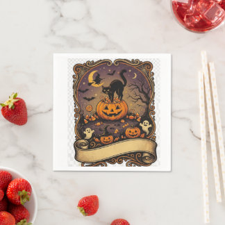Vintage Halloween Svart Katt Pumpa Häxa Kuslig P Pappersservett