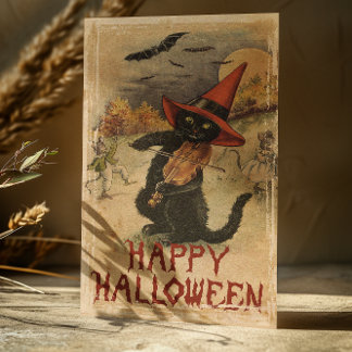 Vintage Halloween Svart Katt som spelar fiol Julkort