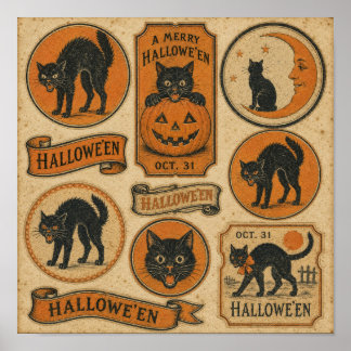 Vintage Halloween Svarta Katter Ark Poster