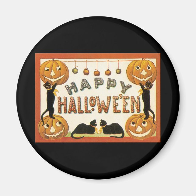 Vintage Halloween, svarta katter med Jackolanterns Magnet (Framsidan)
