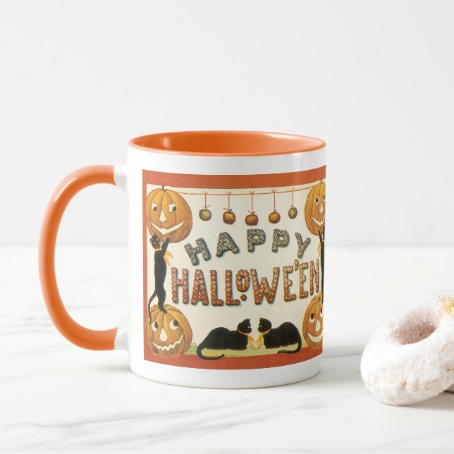 Vintage Halloween, svarta katter med Jackolanterns Mugg (Med munk)