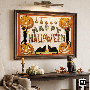 Vintage Halloween, svarta katter med Jackolanterns Poster