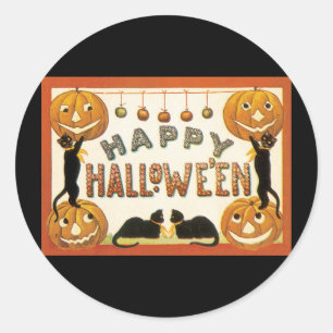 Vintage Halloween, svarta katter med Jackolanterns Runt Klistermärke