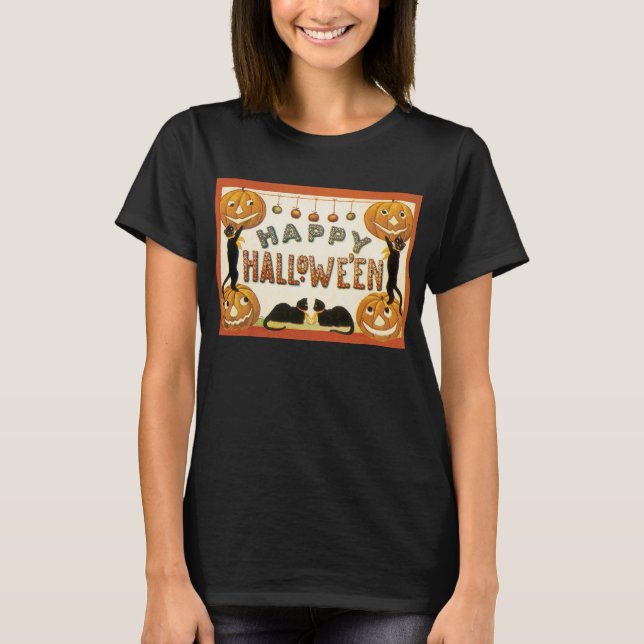 Vintage Halloween, svarta katter med Jackolanterns Tee Shirt (Framsida)
