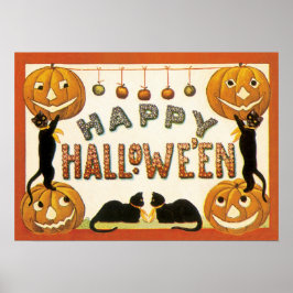 Vintage Halloween, Svarta katter med sockolanterno Poster