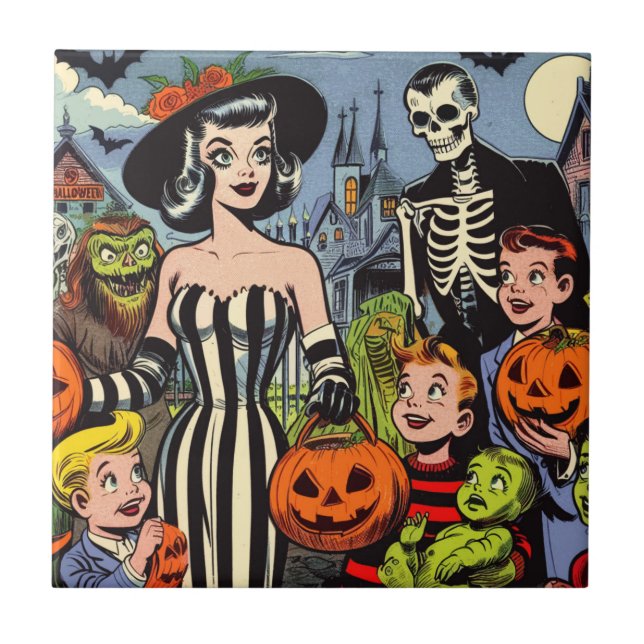 Vintage Halloween-Tecknader Kakelplatta (Framsidan)
