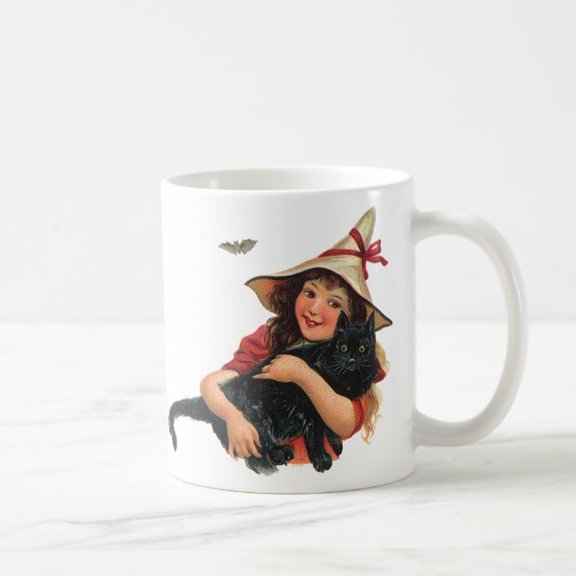 Vintage Halloween, tjejen Witch med svart katt Kaffemugg (Höger)
