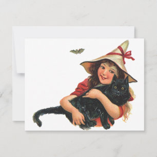Vintage Halloween, tjejen Witch med svart katt Kort